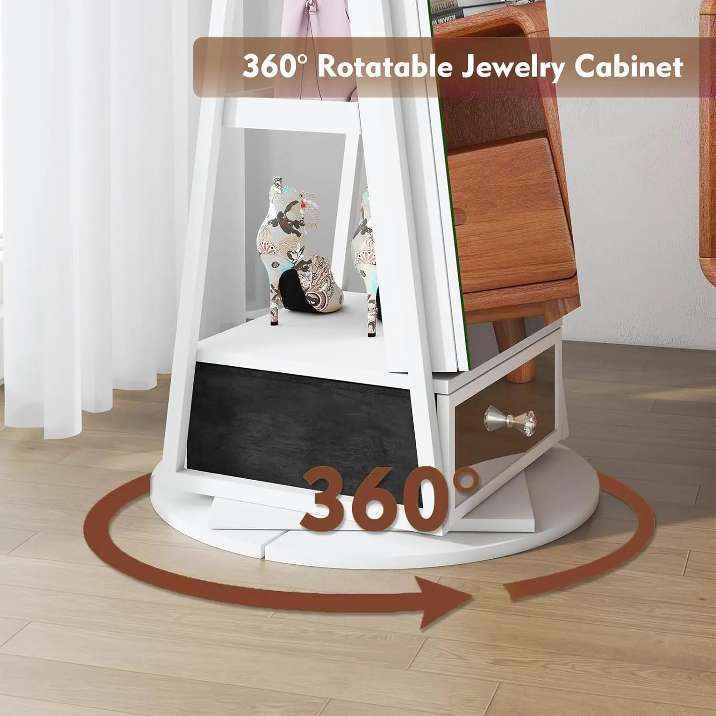 Gabinete de joyería giratorio 360° con espejo, 6 luces LED, espejo de cuerpo entero rotativo y estante para almacenamiento de joyas.